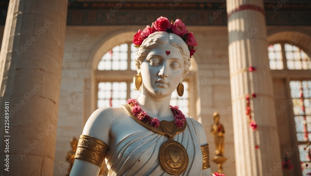Fototapeta premium A white marble Greek statue of a woman adorned with gold jewellery and a floral wreath, standing in a grand architectural setting, bathed in warm sunlight