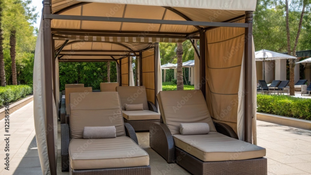Fototapeta premium Medium closeup of a shaded seating area with canopies showcasing comfortable lounge chairs designed to protect users from the elements while waiting.