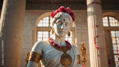 A white marble Greek statue of a woman adorned with gold jewellery and a floral wreath, standing in a grand architectural setting, bathed in warm sunlight photo