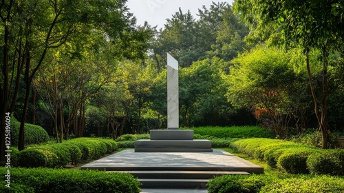 Stunning white stone sculpture standing tall amidst well-maintained park with backdrop of green trees bushes minimalist design of sculpture contrasts beautifully with the lush, natural environment photo