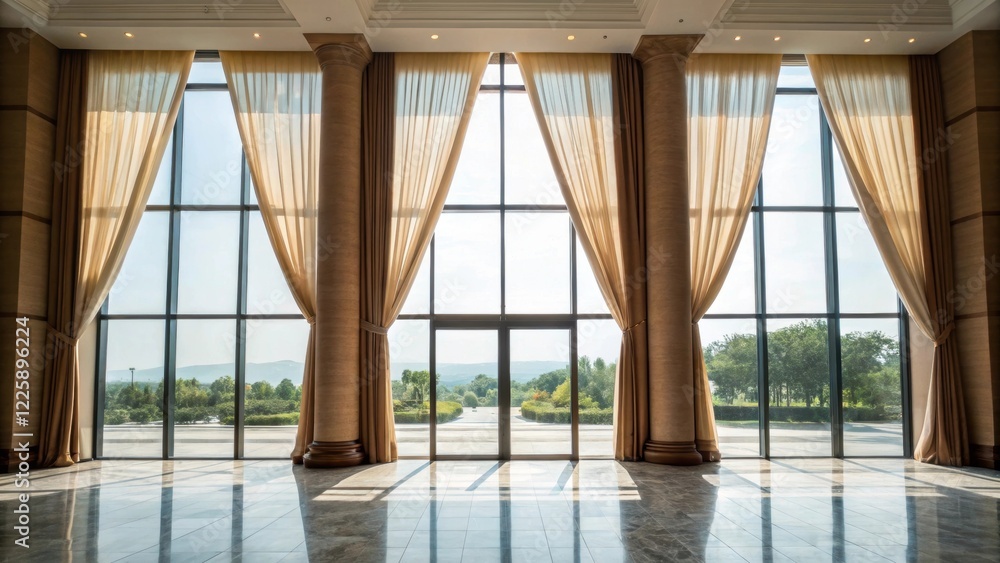 Fototapeta premium Medium closeup of large windows allowing natural light to flood the lobby framed by curtains that enhance the openness and connection to the outdoors.