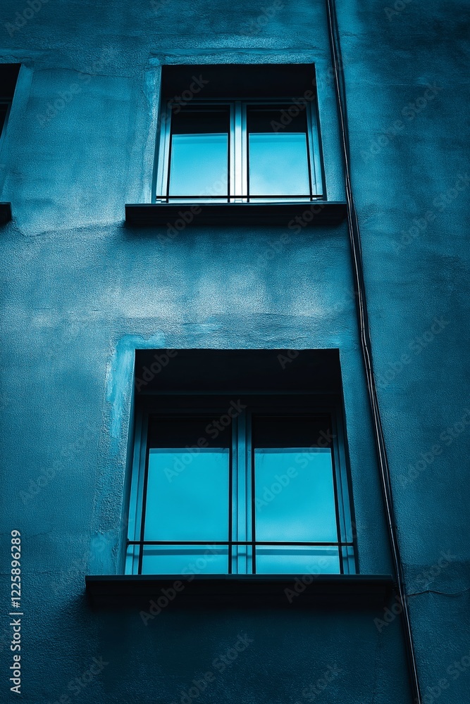 Obraz premium A blue-toned wall features windows, capturing urban life’s reflective and architectural beauty.
