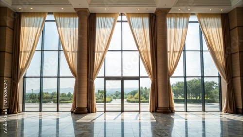 Medium closeup of large windows allowing natural light to flood the lobby framed by curtains that enhance the openness and connection to the outdoors.