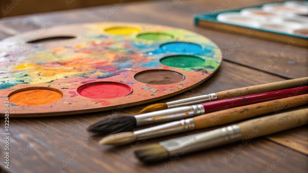 Medium closeup of the painters palette with a variety of colors splatters of paint on the tabletop and used brushes tered nearby as preparations continue for the next seating area. Medium closeup of the painters palette with a variety of colors splatters of paint on the tabletop and used brushes tered nearby as preparations continue for the next seating area.