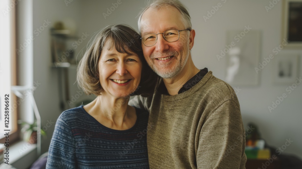 A retired couple embraces joyfully in their home, showcasing a strong marriage and love after years together A retired couple embraces joyfully in their home, showcasing a strong marriage and love after years together