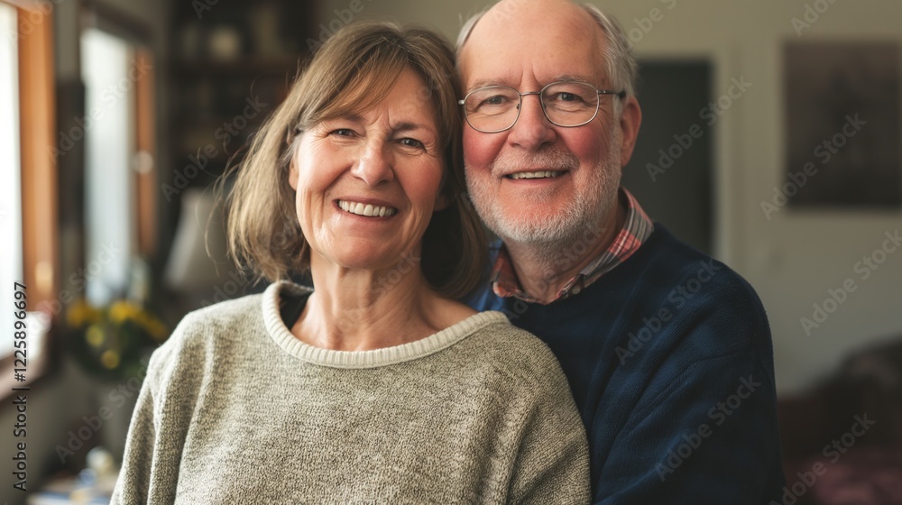 A retired couple stands close together, sharing warm smiles in their cozy home filled with love and fond memories as they enjoy their golden years A retired couple stands close together, sharing warm smiles in their cozy home filled with love and fond memories as they enjoy their golden years