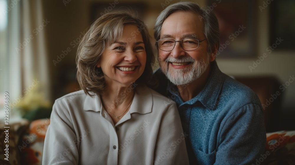In a warm indoor space, a retired couple sits close, sharing joyful smiles and displaying their love and companionship during retirement In a warm indoor space, a retired couple sits close, sharing joyful smiles and displaying their love and companionship during retirement