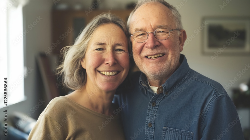 A happy retired couple smiles warmly at each other, showcasing their enduring love and connection in a cozy home setting A happy retired couple smiles warmly at each other, showcasing their enduring love and connection in a cozy home setting