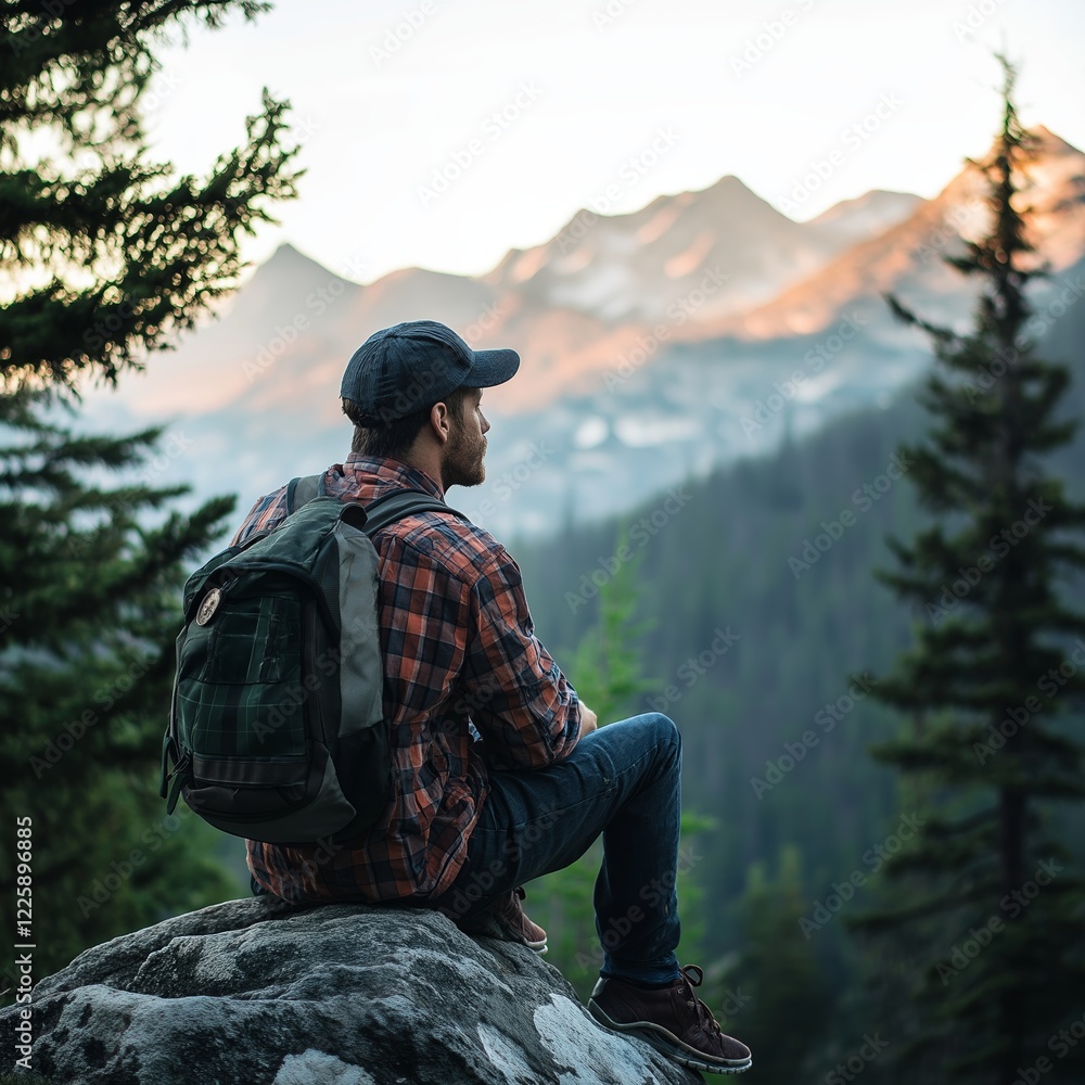 A lone hiker sits atop a rock, admiring the breathtaking views of majestic mountains at sunrise. A lone hiker sits atop a rock, admiring the breathtaking views of majestic mountains at sunrise.