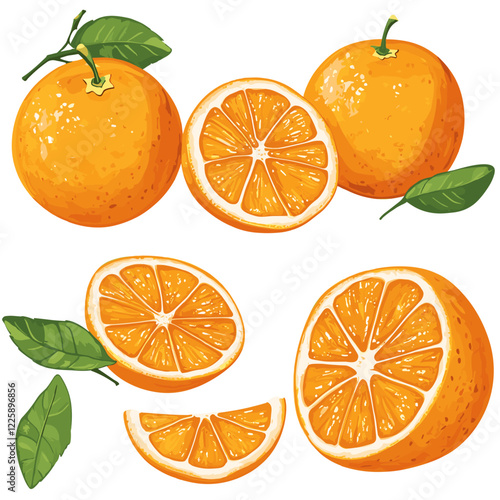 Fresh orange fruit whole and sliced wedges Design elements set watercolour style vector illustration isolated on a white background