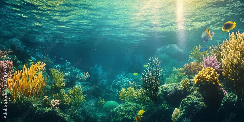 Fototapeta premium An enchanting underwater view of colorful coral reefs teeming with life.