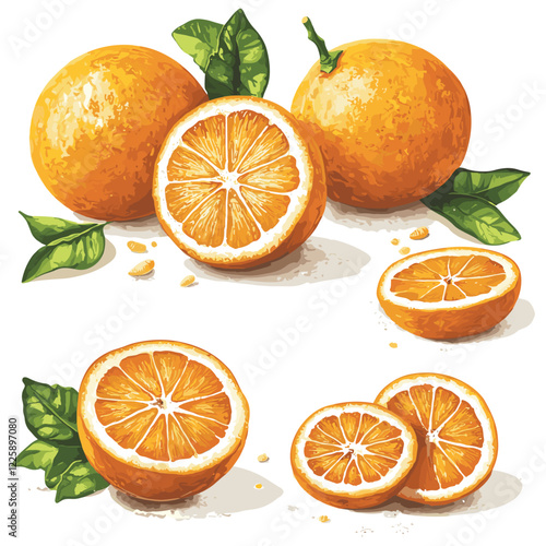 Fresh orange fruit whole and sliced wedges Design elements set watercolour style vector illustration isolated on a white background