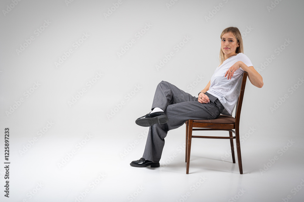 Confident young girl sitting on a chair on a light background, wearing a white t-shirt and a wristwatch. Modern minimalist portrait perfect for business or lifestyle themes, space for inscription Confident young girl sitting on a chair on a light background, wearing a white t-shirt and a wristwatch. Modern minimalist portrait perfect for business or lifestyle themes, space for inscription