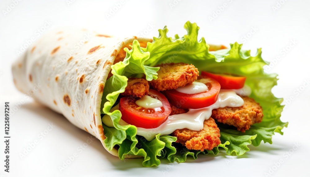 Fresh chicken wrap filled with crispy chicken pieces lettuce tomato and ranch dressing. Delicious and healthy meal or snack option. Perfect for lunch or dinner. Wrap is presented on a white surface. Fresh chicken wrap filled with crispy chicken pieces lettuce tomato and ranch dressing. Delicious and healthy meal or snack option. Perfect for lunch or dinner. Wrap is presented on a white surface.