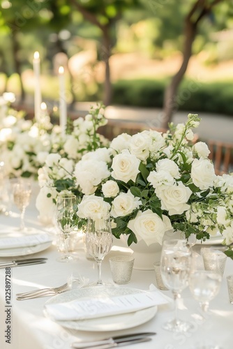 A refined outdoor dining arrangement featuring white roses and candles, perfect for special occasions.