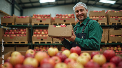 Smiling fruit packer holding box of apples in warehouse