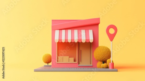 3d minimal cartoon red shop store building with pin location and cardboard 3D render