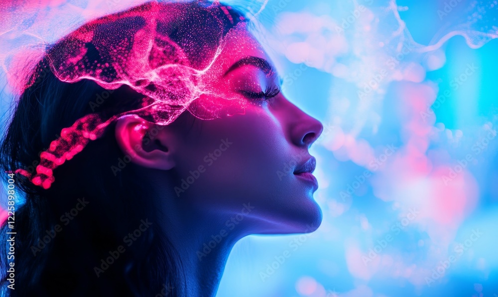 Woman profile with pink glowing brain and cyan background. Woman profile with pink glowing brain and cyan background.