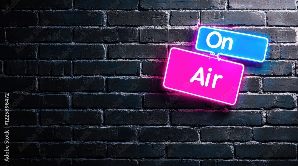 Neon 'On Air' sign on brick wall, dark background; broadcast, streaming concept Neon 'On Air' sign on brick wall, dark background; broadcast, streaming concept