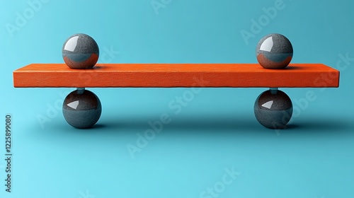 Balanced orange beam with four dark gray spheres.