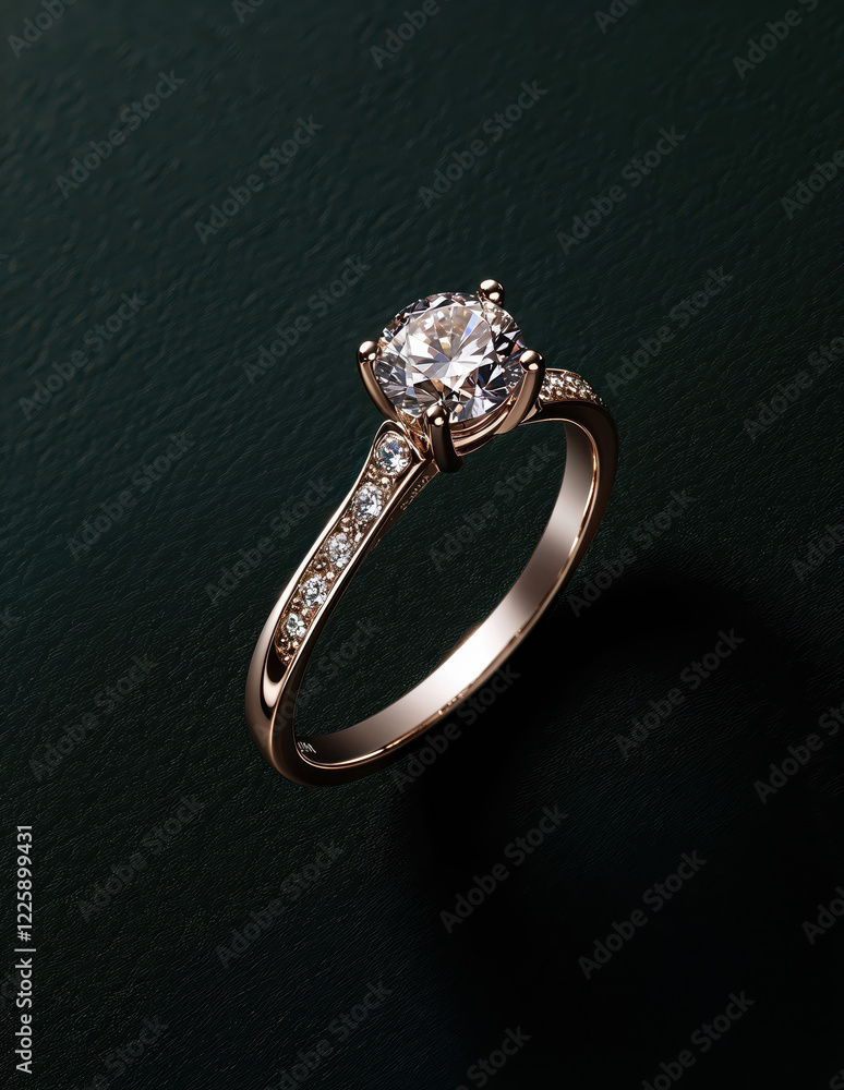 Elegant diamond ring shining on dark green leather background Elegant diamond ring shining on dark green leather background