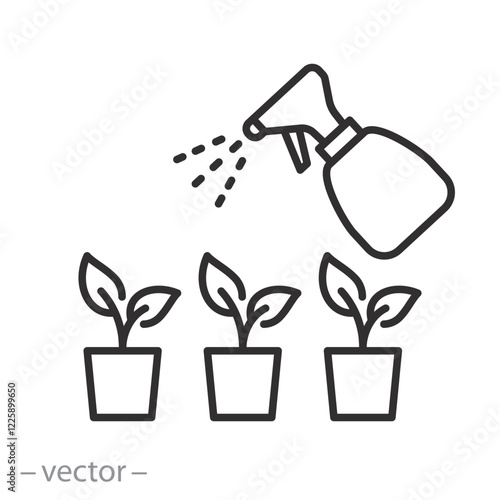 spraying plants icon, moistening seedling with spray bottle, thin line symbol on white background - editable stroke vector illustration