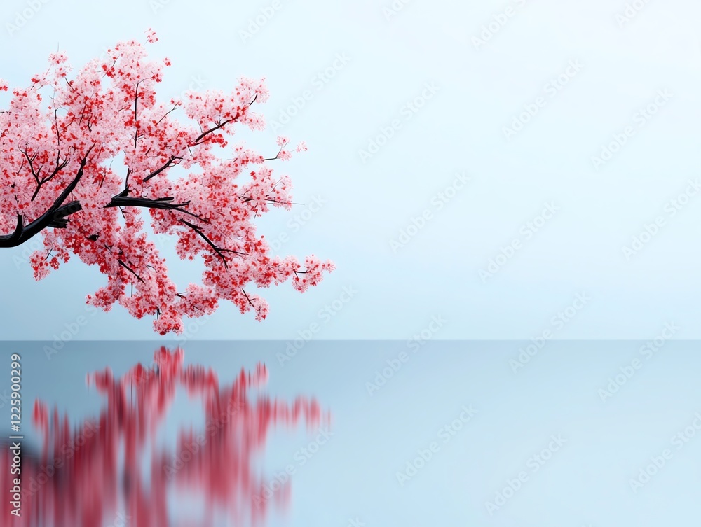 Fototapeta premium Cherry blossom reflection, flowers mirrored on calm water, 3D illustration