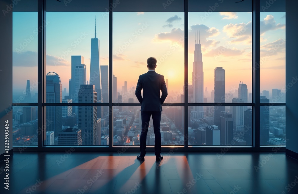 Fototapeta premium Businessman stands by window in office, looks at city view. Modern office space. Sunrise view of urban skyline. Executive envisions future. Successful career. Man in suit reflects on business.