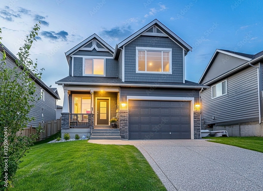 Elegant Two-Story Home: Evening Twilight Exterior Elegant Two-Story Home: Evening Twilight Exterior
