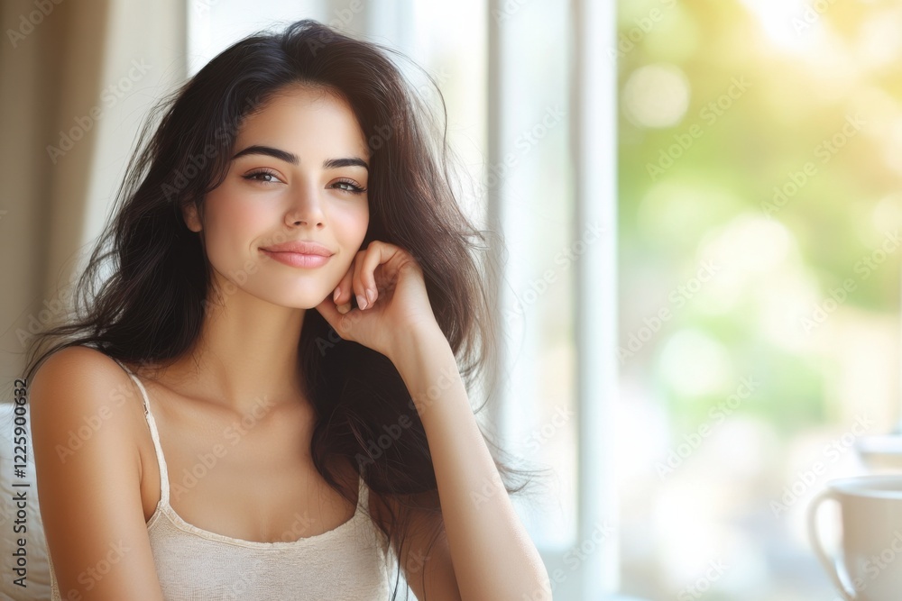 Woman with long hair is smiling and looking at the camera. image has a bright and cheerful mood, with the woman's smile and the blue background adding to the overall positive atmosphere Woman with long hair is smiling and looking at the camera. image has a bright and cheerful mood, with the woman's smile and the blue background adding to the overall positive atmosphere