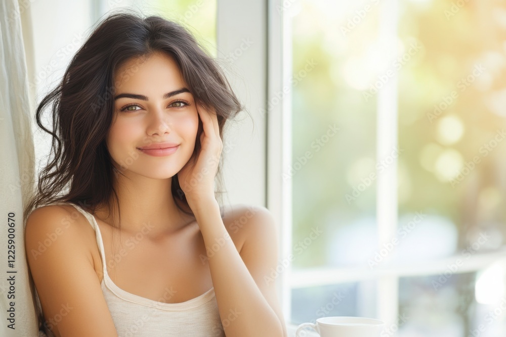 Woman with long hair is smiling and looking at the camera. image has a bright and cheerful mood, with the woman's smile and the blue background adding to the overall positive atmosphere Woman with long hair is smiling and looking at the camera. image has a bright and cheerful mood, with the woman's smile and the blue background adding to the overall positive atmosphere