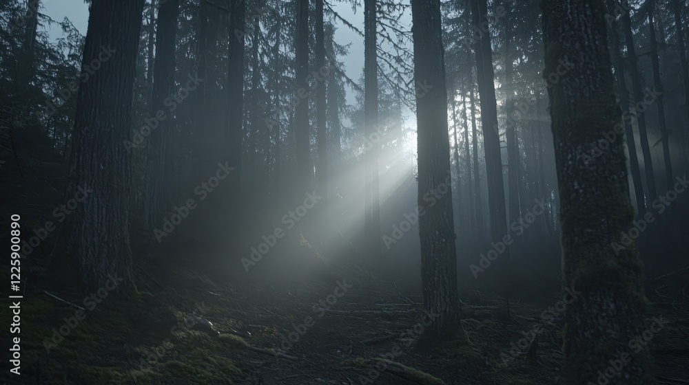 Naklejka premium Sunbeams Illuminate a Misty Forest Path