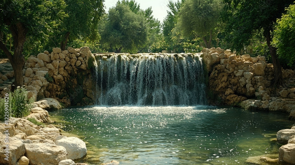 Obraz premium Serene Waterfall Cascades into a Rocky Pool