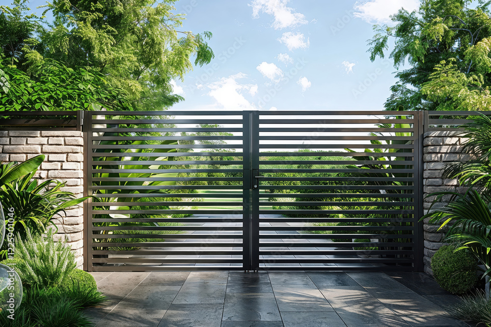 Modern horizontal slat double swinging driveway gate enhancing curb appeal Modern horizontal slat double swinging driveway gate enhancing curb appeal