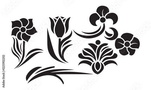 Floral silhouettes in a dramatic, bold style. The swirls are elongated and dynamic, creating a sense of movement.
