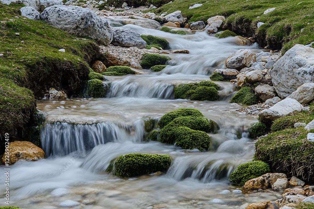 Fototapeta premium The gentle flow of a mountain stream, with water cascading over rocks and green moss.