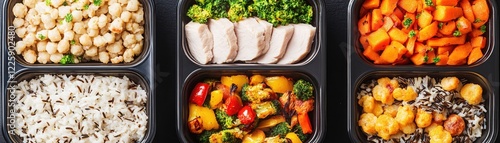 Healthy meal prep containers filled with colorful vegetables, lean protein, and whole grains for nutritious eating. photo