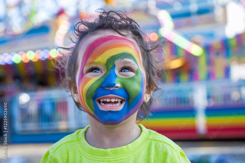 Colorful Face Paint at a Vibrant Carnival Scene. A joyful child with rainbow face paint smiles brightly at a lively carnival, surrounded by colorful rides and attractions under the sunny sky. Colorful Face Paint at a Vibrant Carnival Scene. A joyful child with rainbow face paint smiles brightly at a lively carnival, surrounded by colorful rides and attractions under the sunny sky.