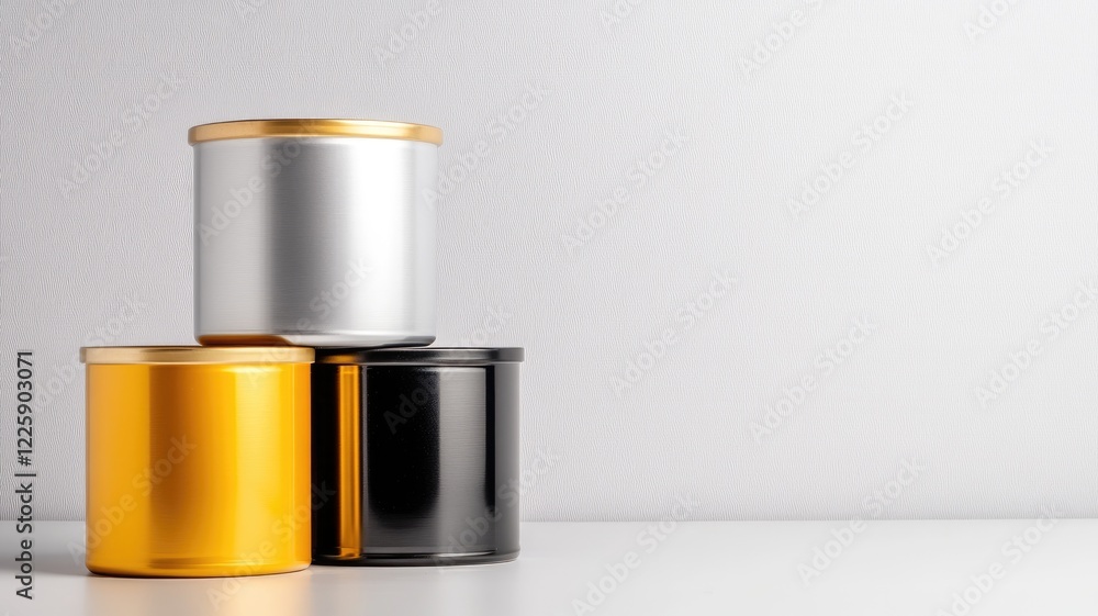 Three metallic cylindrical containers on white background Three metallic cylindrical containers on white background