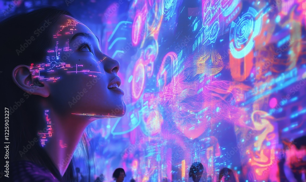 Woman looks at glowing data streams, other figures present. Woman looks at glowing data streams, other figures present.