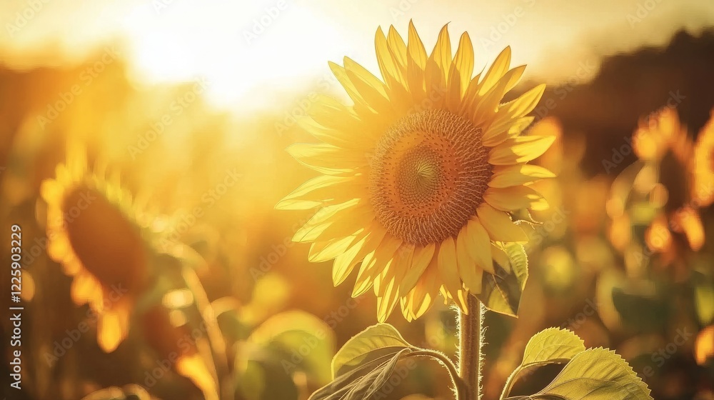 Fototapeta premium Beautiful panoramic view of a field of sunflowers in the light of the setting sun. Yellow sunflower close up. Beautiful summer landscape with sunset and flowering meadow Rich harvest Concept.