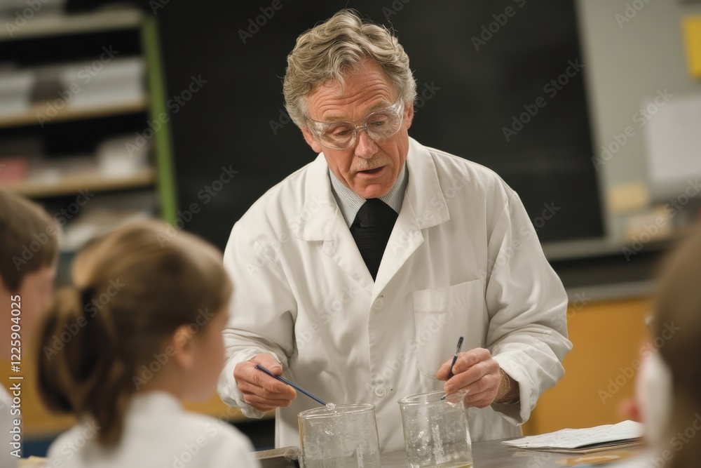 Obraz premium elderly man school chemistry or biology teacher, stands in audience in white lab coat with children. education, professor with gray hair tells lesson or conducts an experiment in chemistry, laboratory