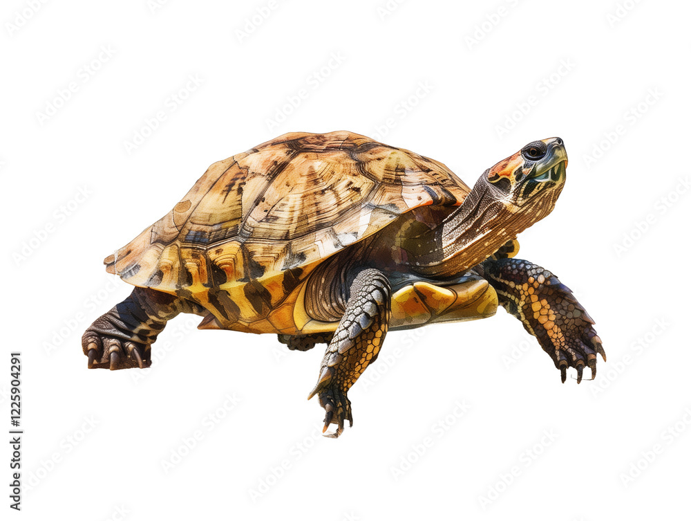Obraz premium Tortoise Walking on a White Background Displaying Detailed Shell Patterns and Vibrant Colors