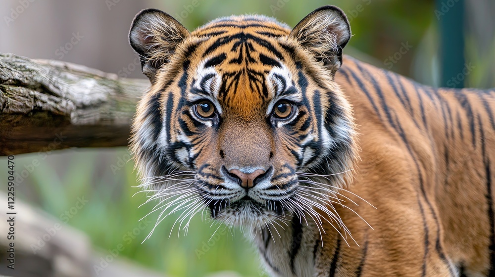 Fototapeta premium Majestic tiger staring intensely, zoo enclosure, blurred background, wildlife conservation