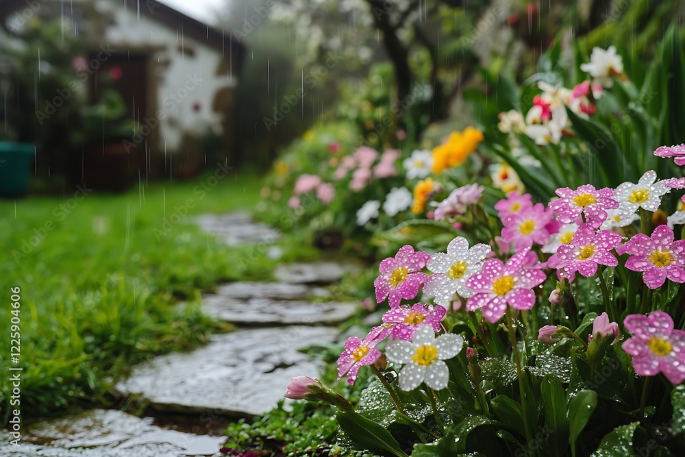 Naklejka premium The peaceful scene of a cottage garden in early spring, with dew on the freshly bloomed flowers.