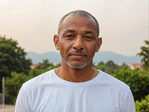 Retrato de un hombre negro de pie al aire libre vistiendo una camiseta blanca casual 