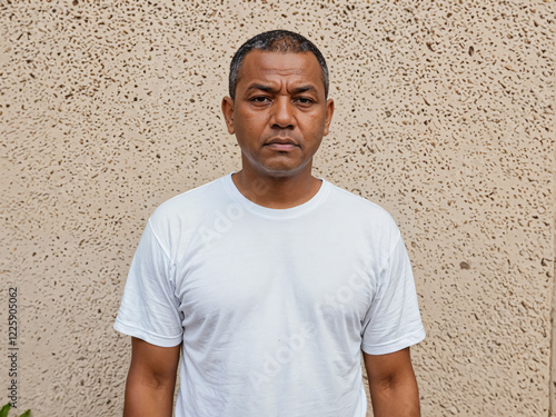 Retrato de un hombre negro de pie al aire libre vistiendo una camiseta blanca casual 