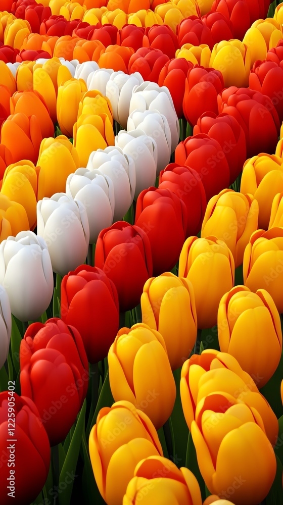 Obraz premium Spring tulip garden, neat rows of bold colors, 3D illustration