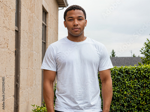 Retrato de un hombre negro de pie al aire libre vistiendo una camiseta blanca casual 