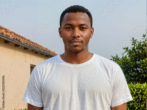 Retrato de un hombre negro de pie al aire libre vistiendo una camiseta blanca casual 